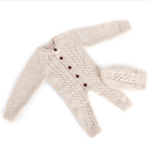 Light Beige Knitted Baby Romper and Beanie Set