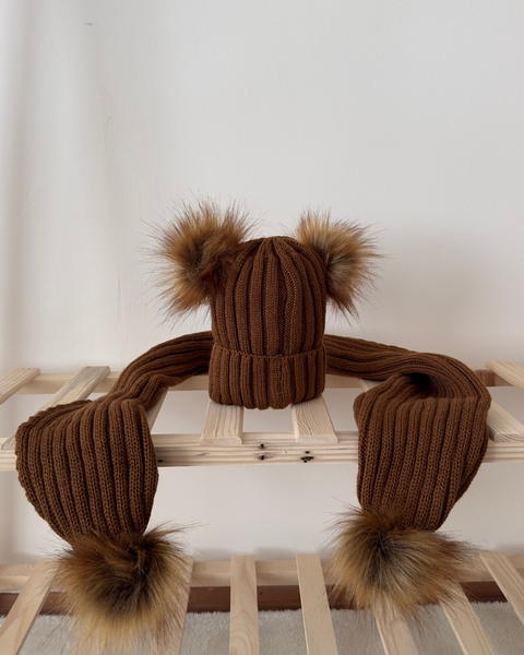 Nordic Knitted Brown Beanie and Scarf Set