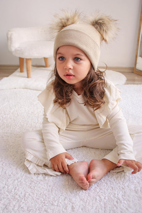 Beige Double Pom Pom Hat