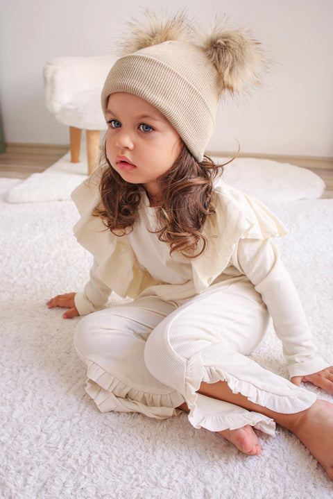 Beige Double Pom Pom Hat