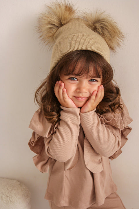 Beige Double Pom Pom Hat