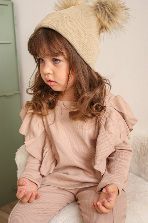 Beige Double Pom Pom Hat