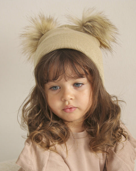 Beige Double Pom Pom Hat