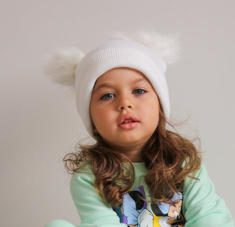 White Double Pom Pom Beanie