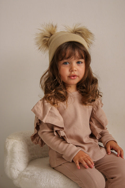 Beige Double Pom Pom Hat