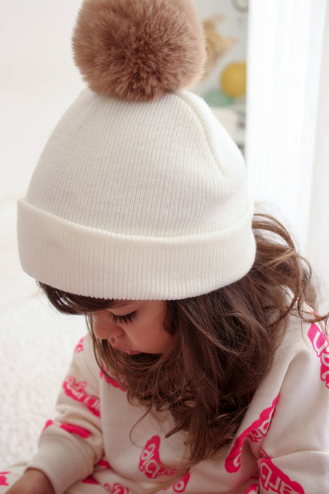 Cream Single Pom Pom Beanie