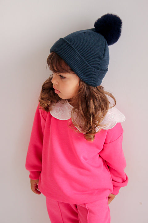 Navy Blue Single Pom Pom Beanie