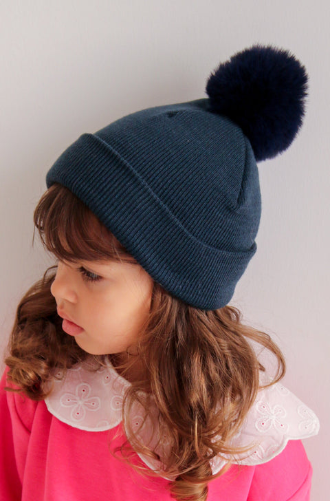 Navy Blue Single Pom Pom Beanie