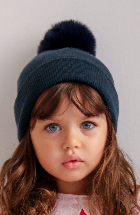 Navy Blue Single Pom Pom Beanie