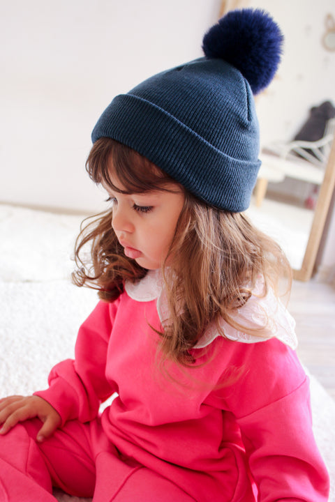 Navy Blue Single Pom Pom Beanie