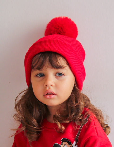 Red Single Pom Pom Beanie