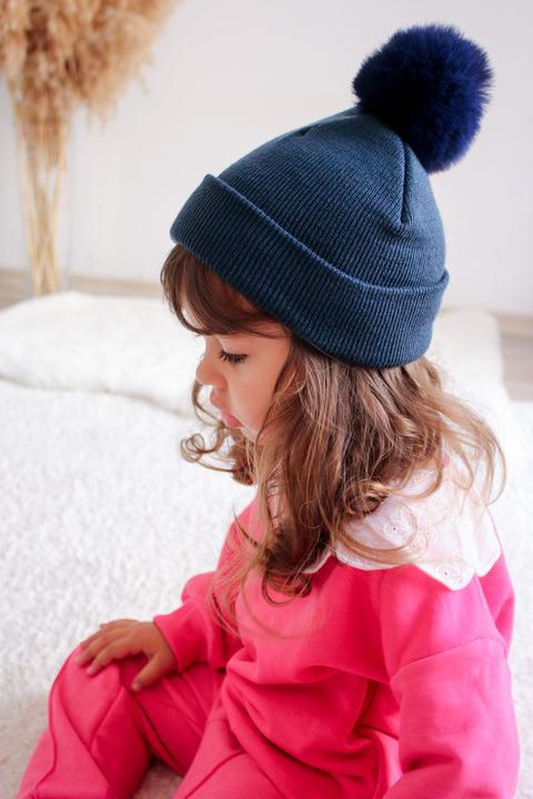 Navy Blue Single Pom Pom Beanie