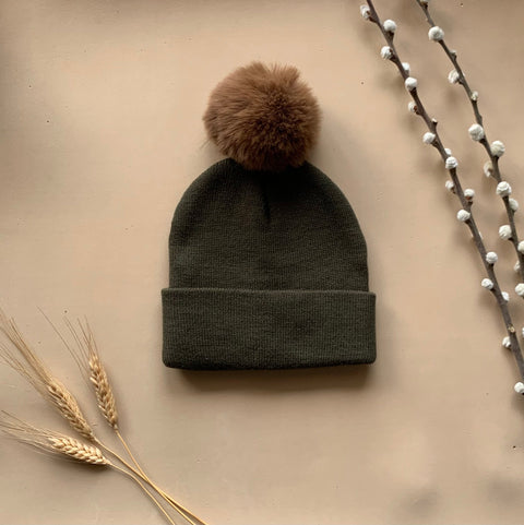 Khaki Single Pom Pom Beanie