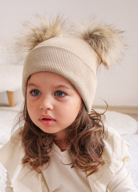 Beige Double Pom Pom Hat