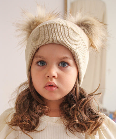 Beige Double Pom Pom Hat