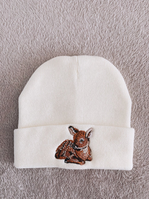 Reindeer Embroidered Cream Beanie