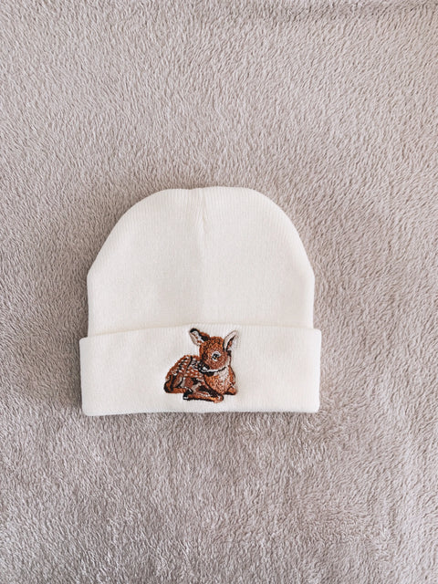 Reindeer Embroidered Cream Beanie