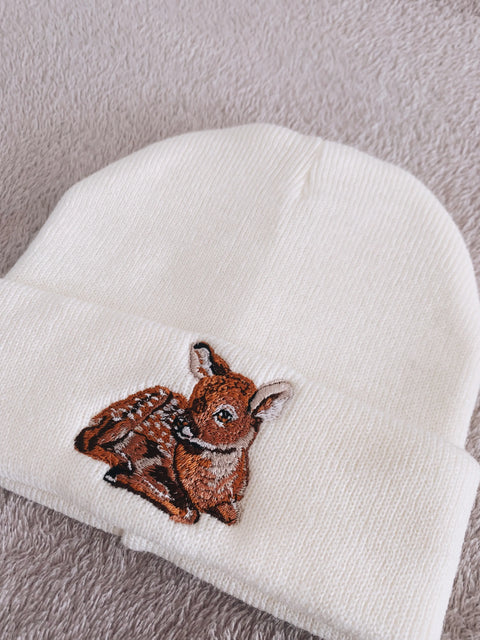 Reindeer Embroidered Cream Beanie