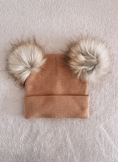 Brown Double Pom Pom Hat