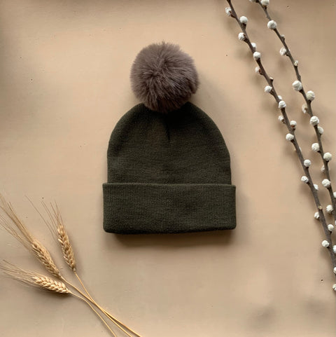 Khaki Single Pom Pom Beanie