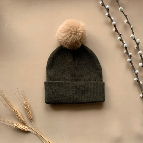 Khaki Single Pom Pom Beanie