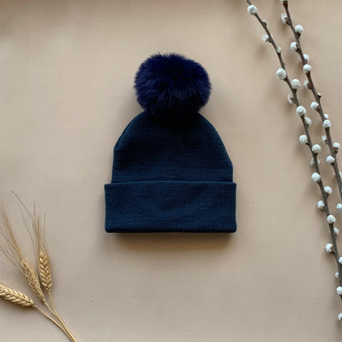 Navy Blue Single Pom Pom Beanie